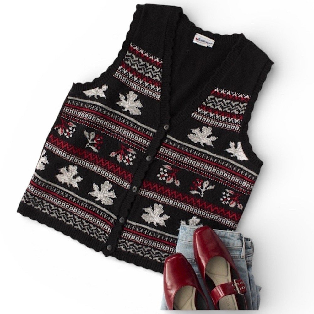 Vintage Sweater Vest 90s Y2K Fall Leaf Holiday Pattern Retro Brown Size Small